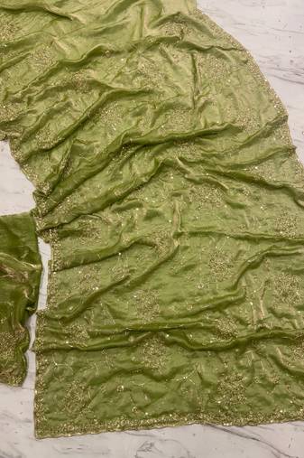 Olive Color Cudana and sequins work Satin Saree