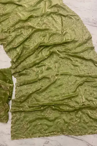 Olive Color Cudana and sequins work Satin Saree