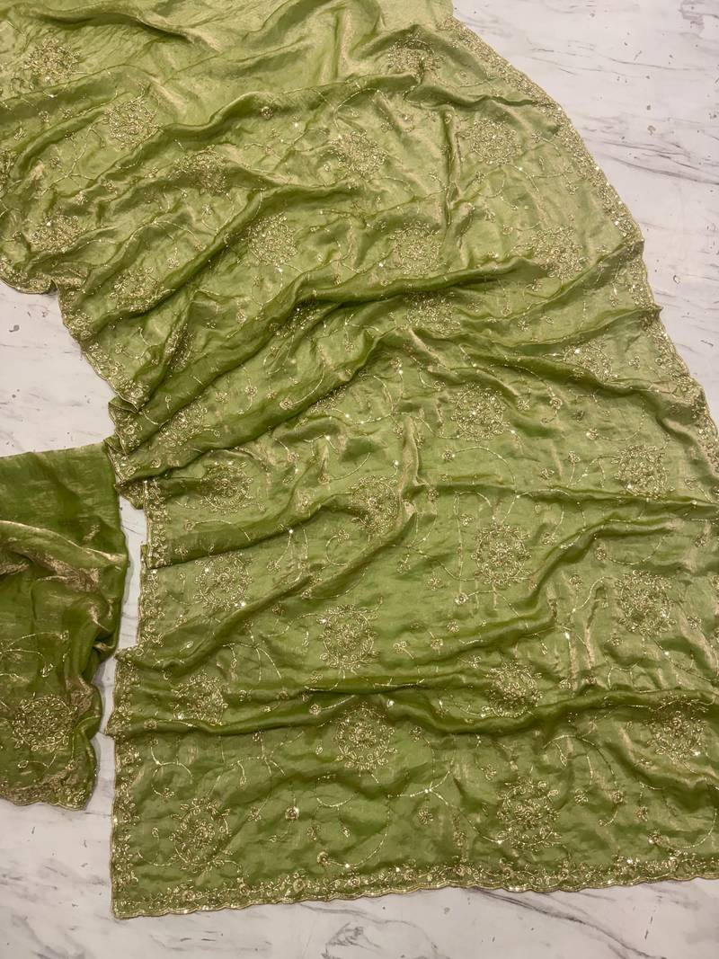 Olive Color Cudana and sequins work Satin Saree