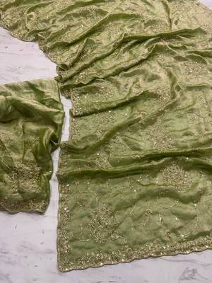 Olive Color Cudana and sequins work Satin Saree 2