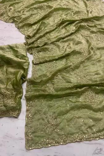 Olive Color Cudana and sequins work Satin Saree