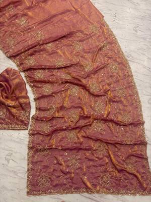 Orange Color Cudana and sequins work Satin Saree 1