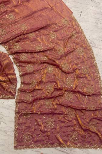 Orange Color Cudana and sequins work Satin Saree