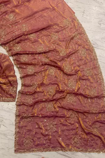 Orange Color Cudana and sequins work Satin Saree