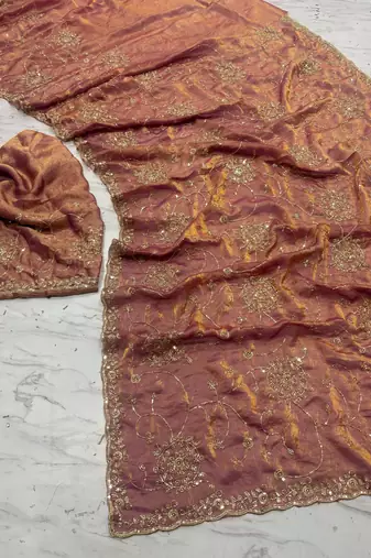 Orange Color Cudana and sequins work Satin Saree