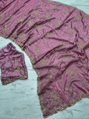 Pink Color Cudana and sequins work Satin Saree 1