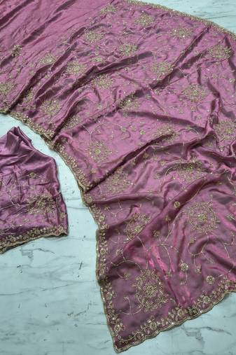 Pink Color Cudana and sequins work Satin Saree