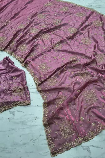 Pink Color Cudana and sequins work Satin Saree