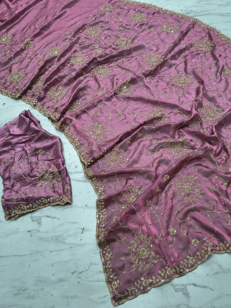 Pink Color Cudana and sequins work Satin Saree