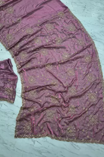 Pink Color Cudana and sequins work Satin Saree