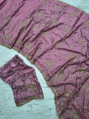 Pink Color Cudana and sequins work Satin Saree 3