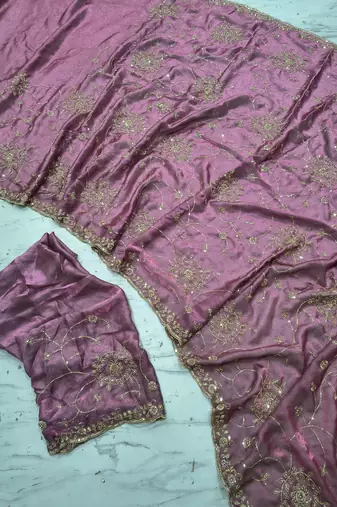 Pink Color Cudana and sequins work Satin Saree