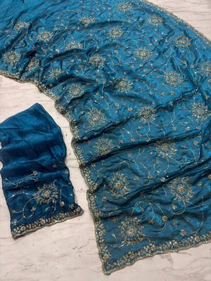 Teal Color Cudana and sequins work Satin Saree 1