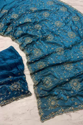 Teal Color Cudana and sequins work Satin Saree