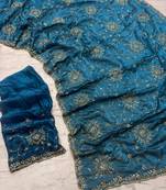 Teal Color Cudana and sequins work Satin Saree