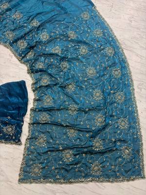 Teal Color Cudana and sequins work Satin Saree 2