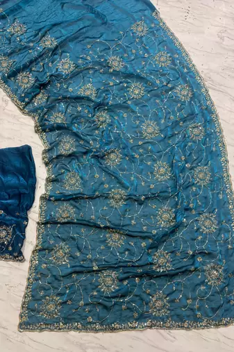 Teal Color Cudana and sequins work Satin Saree