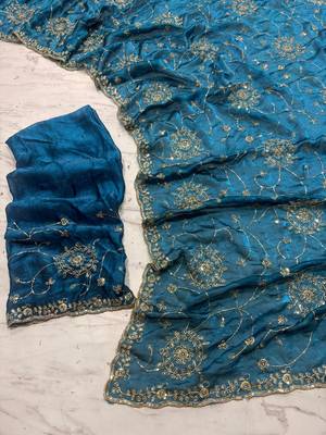 Teal Color Cudana and sequins work Satin Saree 3