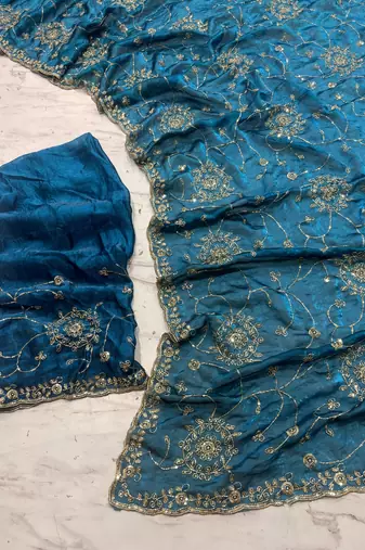 Teal Color Cudana and sequins work Satin Saree