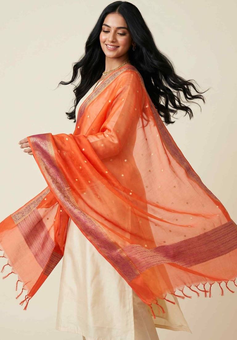 Banarasi pure organza silk dupatta in orange colour with zari work