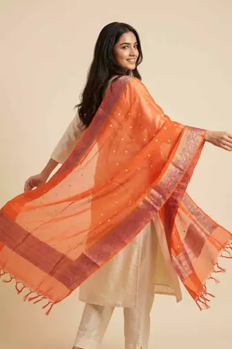 Banarasi pure organza silk dupatta in orange colour with zari work