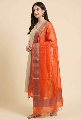 Banarasi pure organza silk dupatta in orange colour with zari work 4
