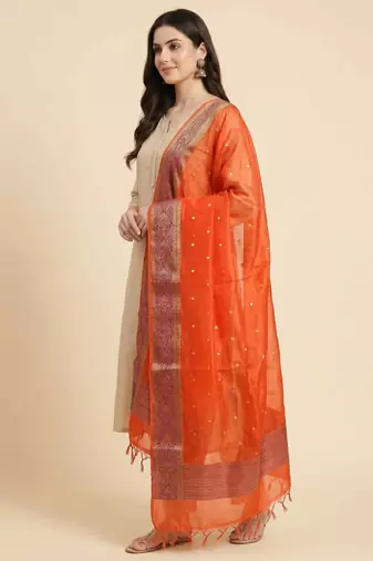 Banarasi pure organza silk dupatta in orange colour with zari work