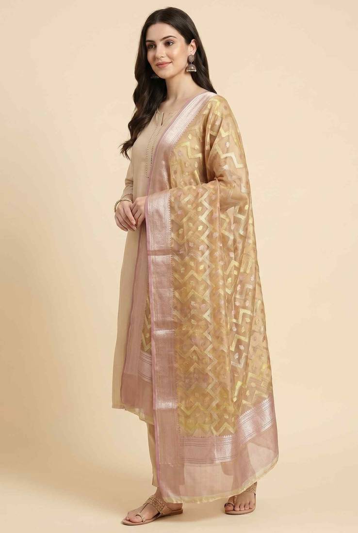 Banarasi pure tissue silk dupatta in rust colour with zari work