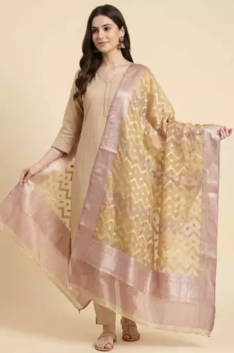 Banarasi pure tissue silk dupatta in rust colour with zari work