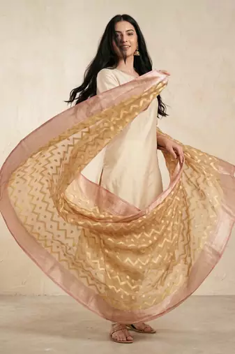 Banarasi pure tissue silk dupatta in rust colour with zari work