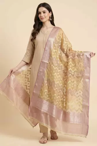 Banarasi pure tissue silk dupatta in rust colour with zari work
