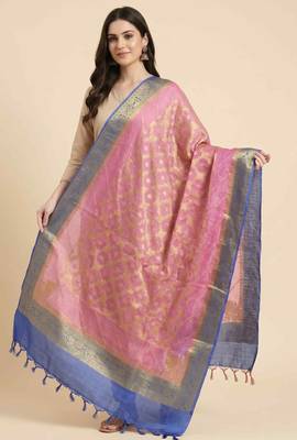 Banarasi pure tussar silk dupatta in pink colour with zari work 3