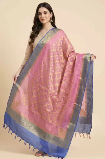 Banarasi pure tussar silk dupatta in pink colour with zari work