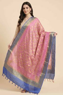 Banarasi pure tussar silk dupatta in pink colour with zari work 5