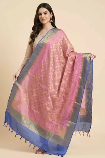 Banarasi pure tussar silk dupatta in pink colour with zari work