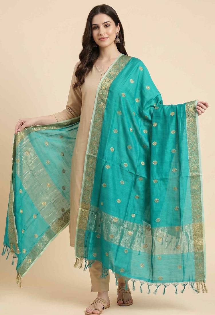 Banarasi pure chiniya silk dupatta in turquoise colour with zari work