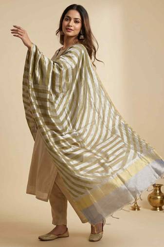 Banarasi pure tissue silk dupatta in mehendi  colour with zari work