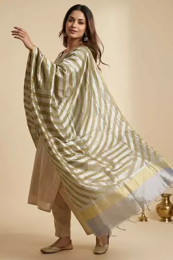 Banarasi pure tissue silk dupatta in mehendi  colour with zari work