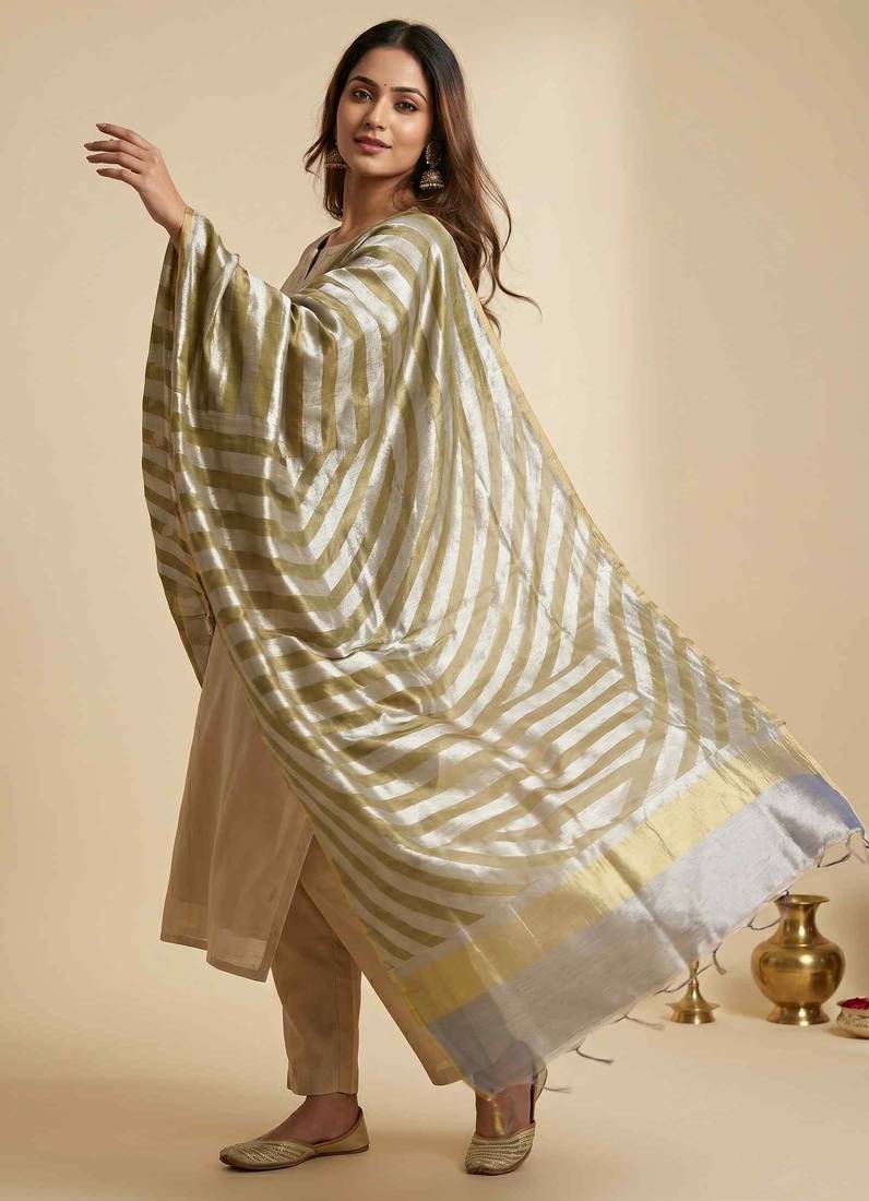 Banarasi pure tissue silk dupatta in mehendi  colour with zari work
