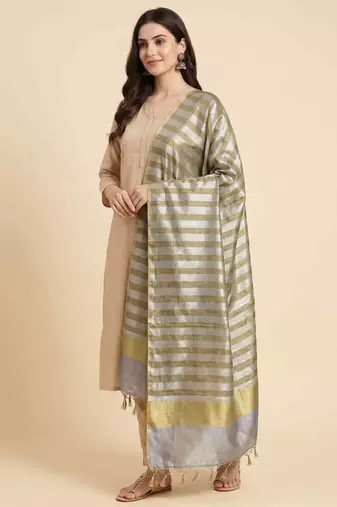 Banarasi pure tissue silk dupatta in mehendi  colour with zari work