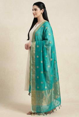 Banarasi pure chiniya silk dupatta in turquoise colour with zari work 3