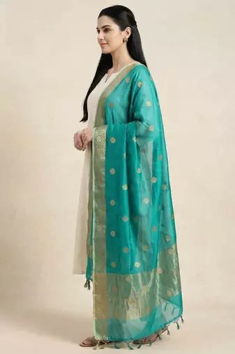 Banarasi pure chiniya silk dupatta in turquoise colour with zari work