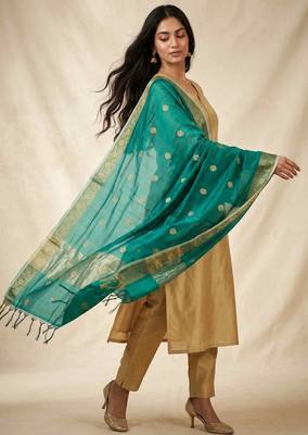 Banarasi pure chiniya silk dupatta in turquoise colour with zari work 4