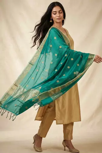 Banarasi pure chiniya silk dupatta in turquoise colour with zari work