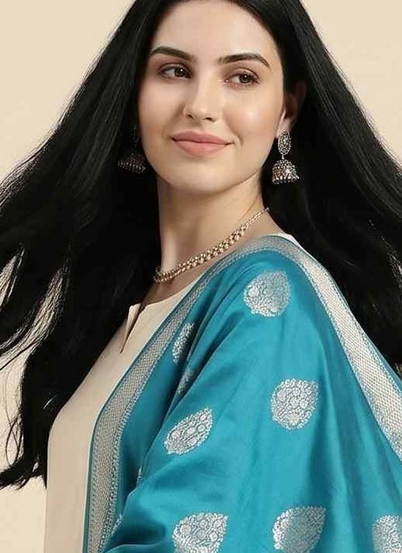 Banarasi pure kataan silk dupatta in teal green colour with zari work