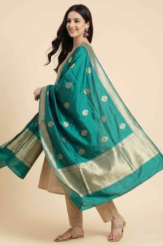 Banarasi pure kataan silk dupatta in teal green colour with zari work