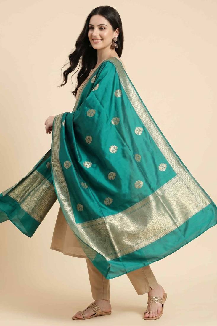 Banarasi pure kataan silk dupatta in teal green colour with zari work