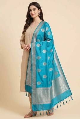 Banarasi pure kataan silk dupatta in teal green colour with zari work 3