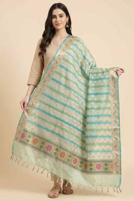 Banarasi pure chiffon silk dupatta in light green colour with zari work 3