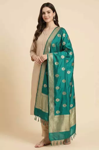 Banarasi pure kataan silk dupatta in teal green colour with zari work